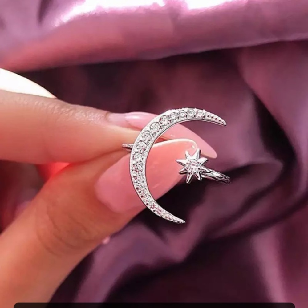 “Nova” Moon Star Diamond Boho Adjustable Cute Ring - Picture 3 of 11